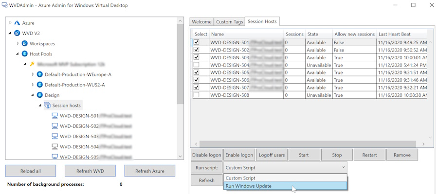 Bild 4: Das Tool WVDAdmin führt Aktionen auf mehreren Sitzungshosts gleichzeitig aus, auch benutzerdefinierte Skripte.