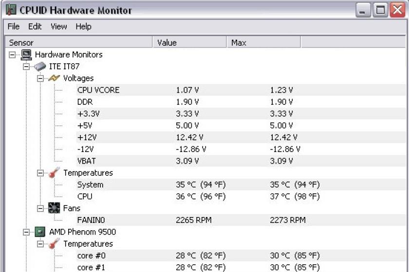 Das Tool "HWMonitor" gibt zahlreiche Parameter der Rechnerhardware aus.