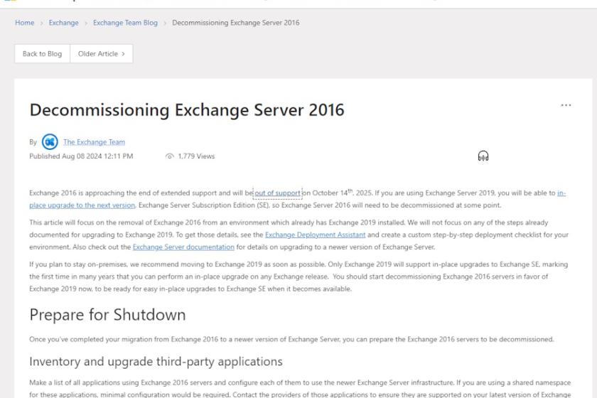 Im "Exchange Team Blog" rät Microsoft dazu, Exchange 2016 baldmöglichst außer Betrieb zu nehmen und erklärt, wie genau das funktioniert.