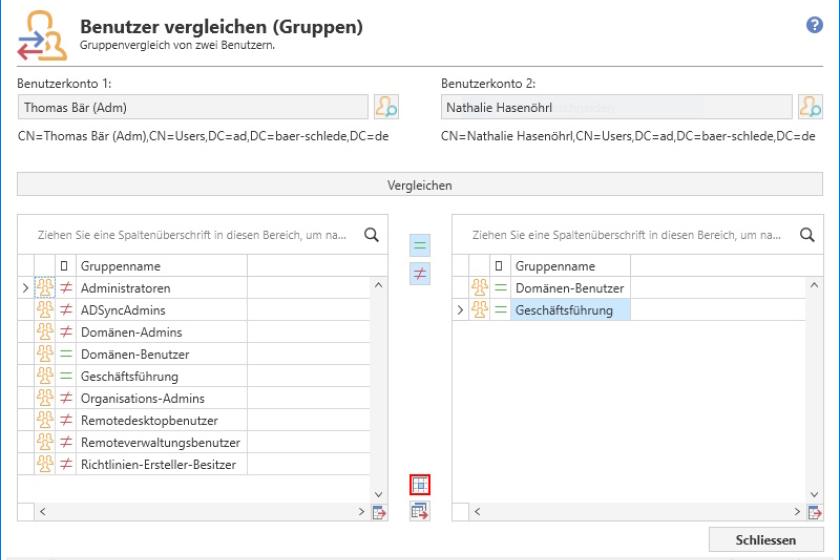 IT-Operator zeigt auf, wie sich zwei Benutzerkonten aus dem AD unterscheiden. Hier ist nur die Mitgliedschaft zu "Domänen-Benutzer" und "Geschäftsführung" identisch.