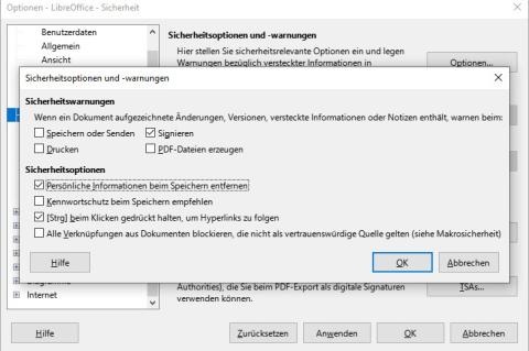 Mit dem entsprechenden Haken verzichtet LibreOffice beim Speichern von Dokumenten auf das Hinterlegen von persönlichen Informationen.