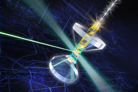 Visuell dargestellt: Rubidium-Atome sind im optischen Resonator gefangen und werden mithilfe eines stark fokussierten Laserstrahls einzeln adressiert. (Quelle: Max-Planck-Institut für Quantenoptik)
