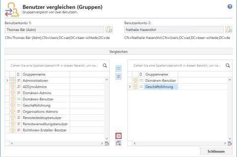 IT-Operator zeigt auf, wie sich zwei Benutzerkonten aus dem AD unterscheiden. Hier ist nur die Mitgliedschaft zu "Domänen-Benutzer" und "Geschäftsführung" identisch.